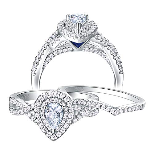 Newshe Wedding Rings for Women Engagement Ring Sets Sterling Silver Cz 1.7Ct Pear Size 4-13