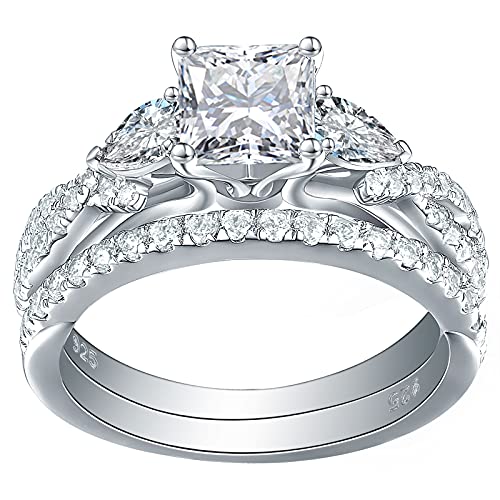 Newshe 1.7ct Princess Pear White AAAAA Cz 925 Sterling Silver Engagement Wedding Ring Set Size 4-13