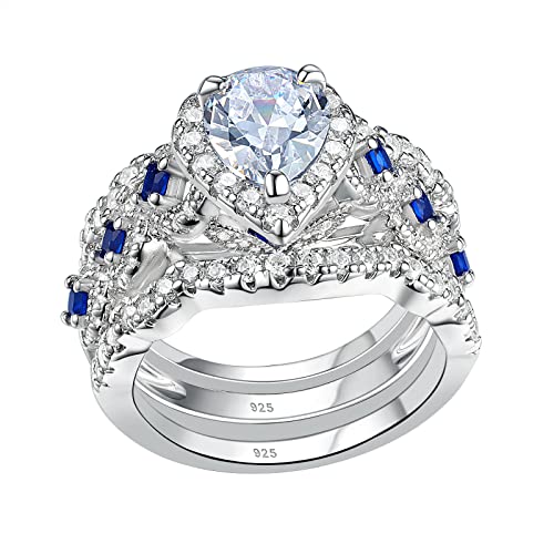 Newshe Engagement Wedding Ring Set 925 Sterling Silver 3pcs 2.5ct Oval Pear White Cz Blue Size 5-10