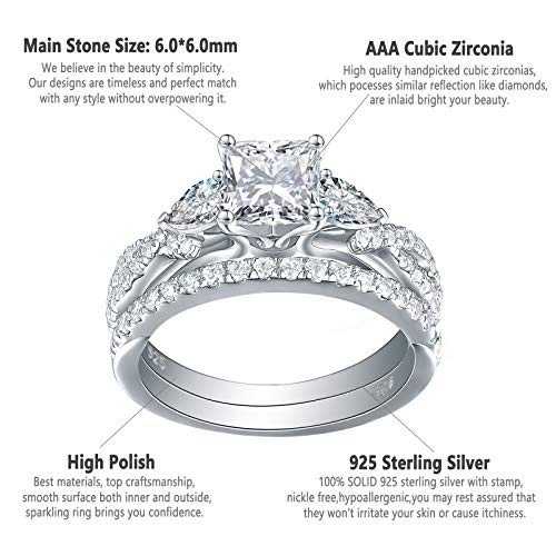 Newshe 1.7ct Princess Pear White AAAAA Cz 925 Sterling Silver Engagement Wedding Ring Set Size 4-13