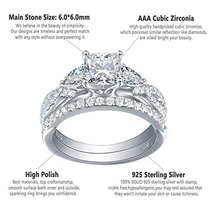 Newshe 1.7ct Princess Pear White AAAAA Cz 925 Sterling Silver Engagement Wedding Ring Set Size 4-13