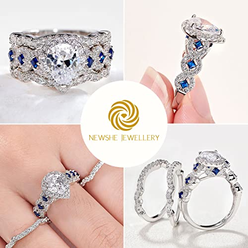 Newshe Engagement Wedding Ring Set 925 Sterling Silver 3pcs 2.5ct Oval Pear White Cz Blue Size 5-10