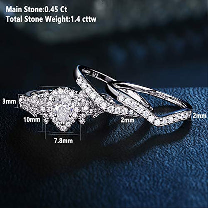 Newshe Wedding Engagement Ring Set for Women 925 Sterling Silver 3pcs 1.4Ct Pear White Cz Size 4-13
