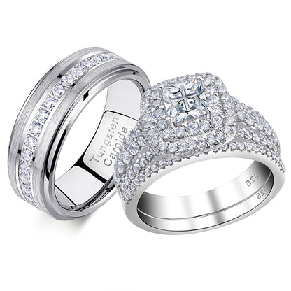 Newshe Jewellery Wedding Rings Set for Him and Her Women Mens Tungsten Bands AAAAA Cz Princess Cross 2.3Ct 925 Sterling Silver Size