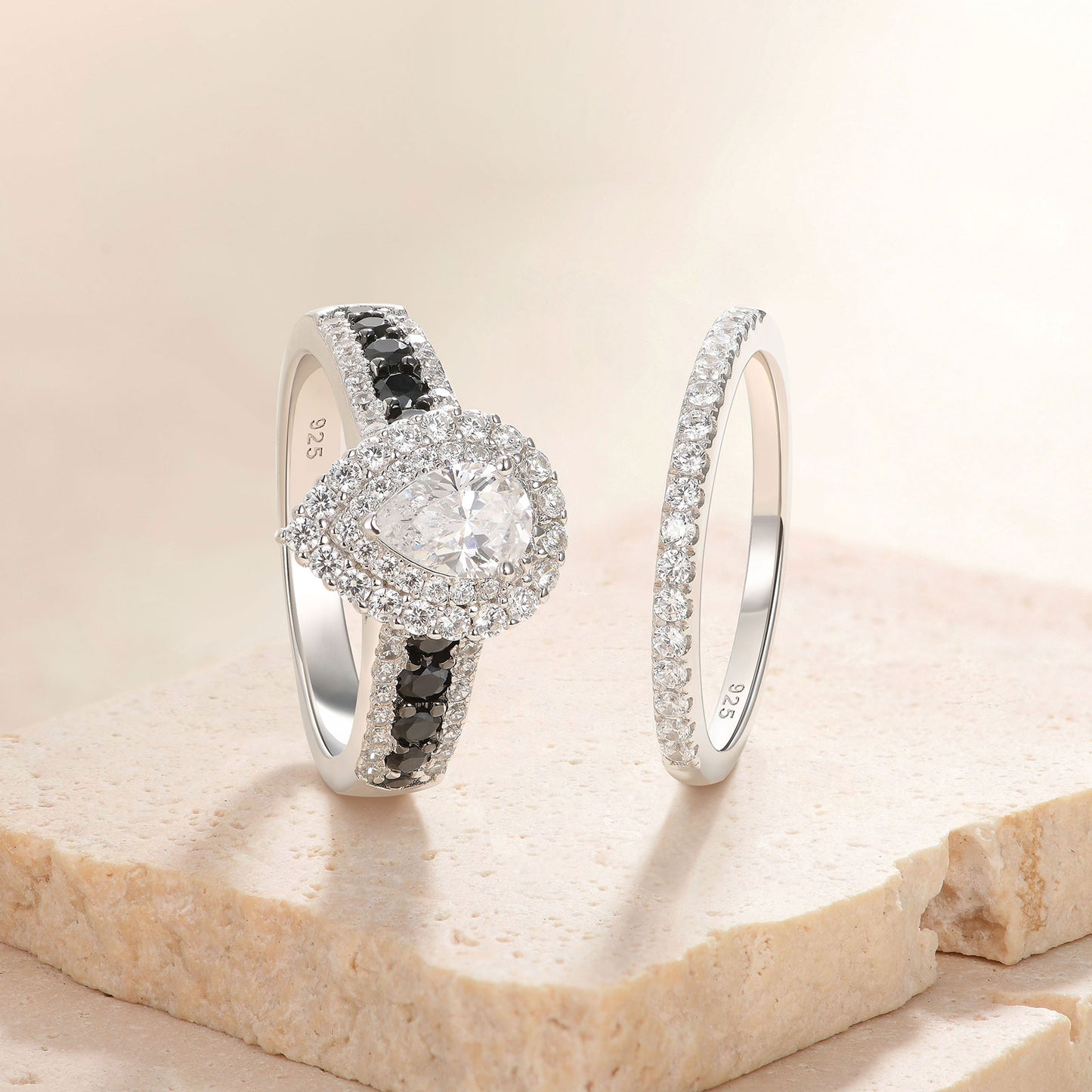 Newshe Jewellery Wedding Rings for Women AAAAA Wedding Rings Set Black and White 925 Sterling Silver Pear Cz Size 5-10