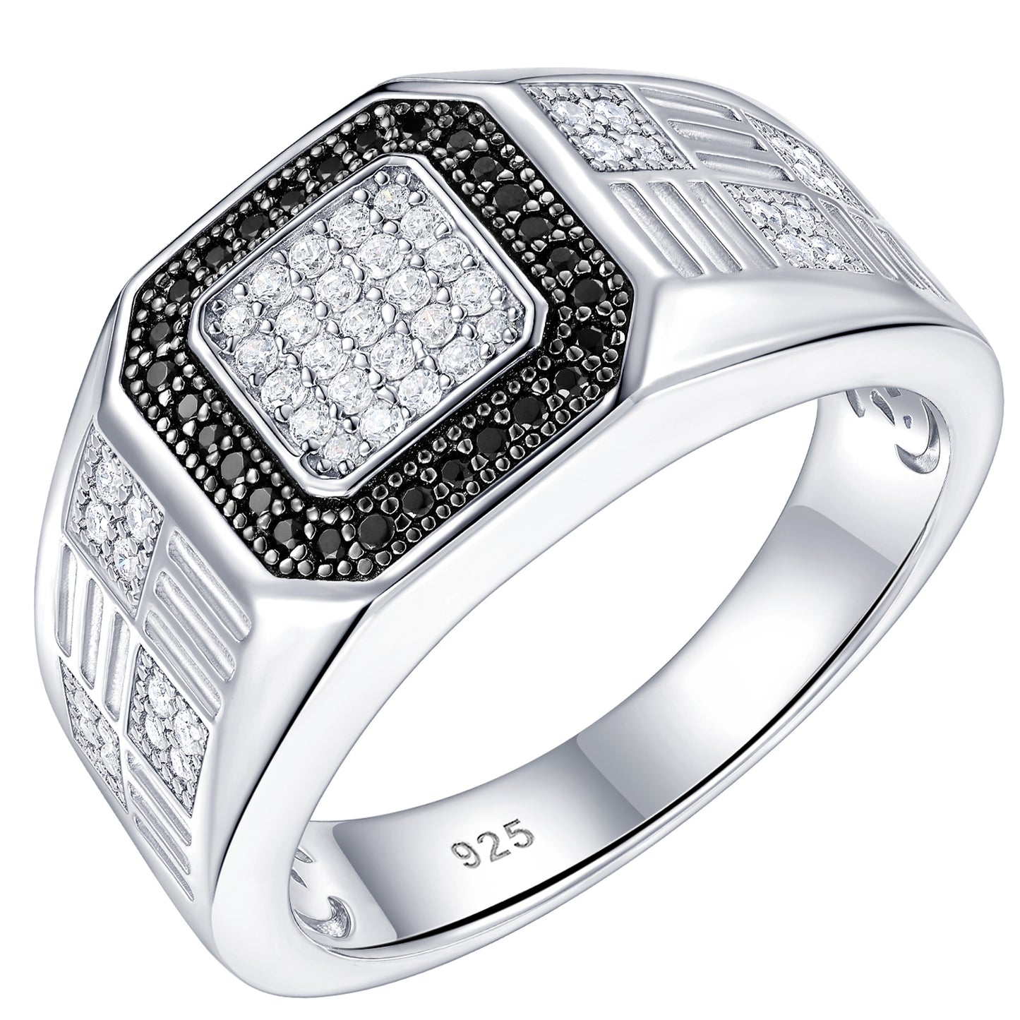 Newshe Jewellery Mens Wedding Band Black and White Cubic Zirconia 925 Sterling Silver Promise Rings for Man Size 9-12