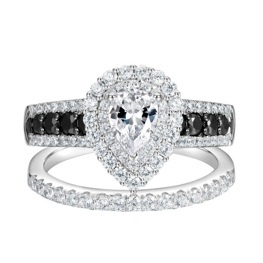 Newshe Jewellery Wedding Rings for Women AAAAA Wedding Rings Set Black and White 925 Sterling Silver Pear Cz Size 5-10