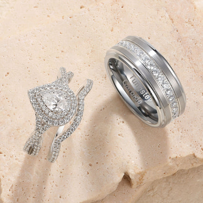 Newshe Jewellery Wedding Rings Set for His and Her Women Mens Tungsten Wedding Bands Pear 925 Sterling Silver Cz