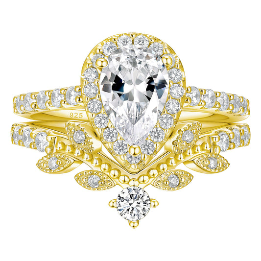 Newshe Jewellery Wedding Rings for Women Vintage 925 Sterling Silver Pear Shaped Yellow Gold Cz Bridal Set Size 5-10