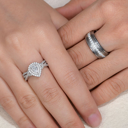 Newshe Jewellery Wedding Rings Set for His and Her Women Mens Tungsten Wedding Bands Pear 925 Sterling Silver Cz