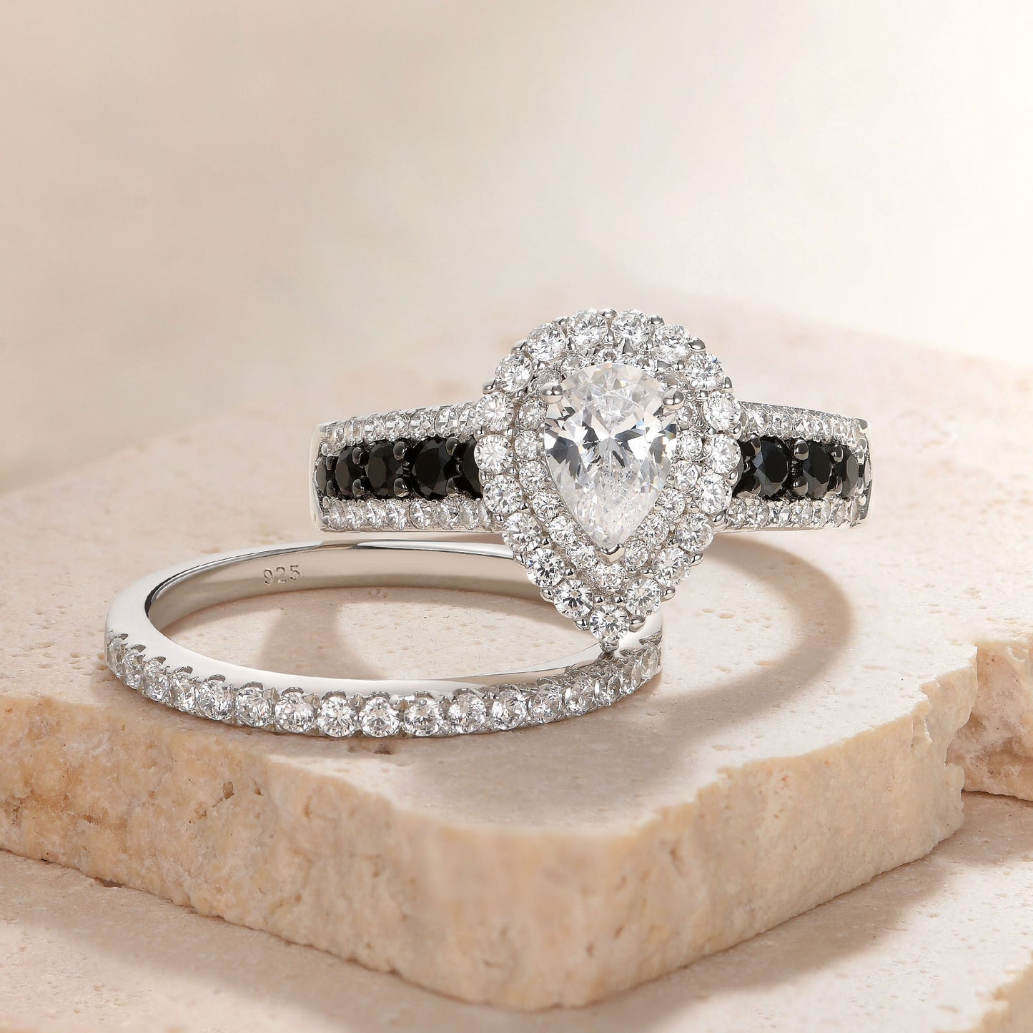 Newshe Jewellery Wedding Rings for Women AAAAA Wedding Rings Set Black and White 925 Sterling Silver Pear Cz Size 5-10
