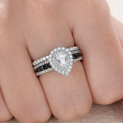 Newshe Jewellery Wedding Rings for Women AAAAA Wedding Rings Set Black and White 925 Sterling Silver Pear Cz Size 5-10