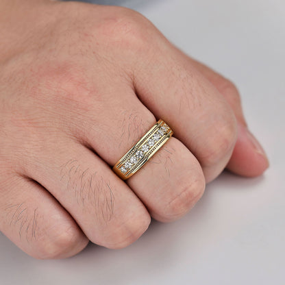 Newshe Mens wedding Bands 925 Sterling Silver Men Rings Wedding Band for Him 1ct Round 5A Cz Promise Rings For Him Yellow Gold Size 8-13