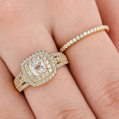 Newshe Jewellery Wedding Rings for Women Princess Engagement Ring Sets 925 Sterling Silver 1.7Ct Cross Yellow Gold Cz Size 5-10
