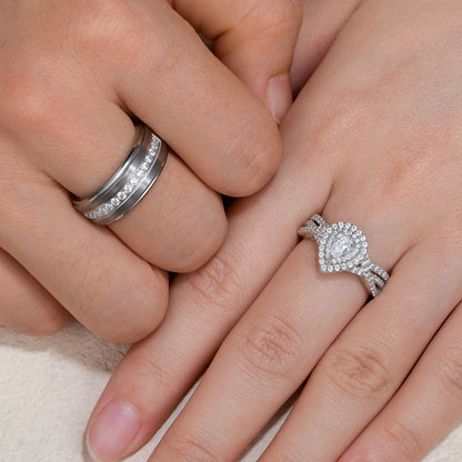 Newshe Jewellery Wedding Rings Set for His and Her Women Mens Tungsten Wedding Bands Pear 925 Sterling Silver Cz