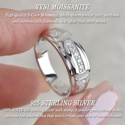 Heinlov Moissanite Mens Wedding Band D Color VVS1 925 Sterling Silver Ring Promise Rings For Him Round Cut Engagement Eternity