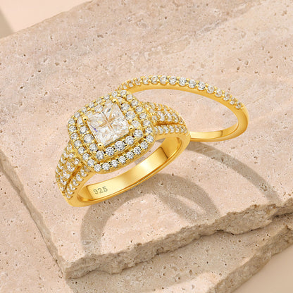Newshe Jewellery Wedding Rings for Women Princess Engagement Ring Sets 925 Sterling Silver 1.7Ct Cross Yellow Gold Cz Size 5-10
