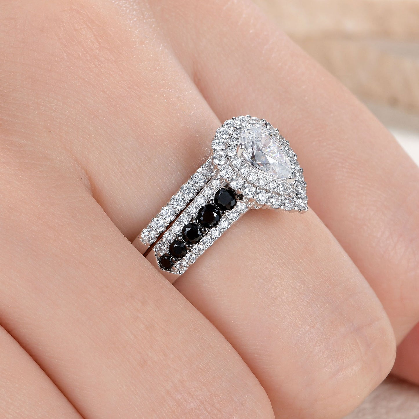 Newshe Jewellery Wedding Rings for Women AAAAA Wedding Rings Set Black and White 925 Sterling Silver Pear Cz Size 5-10