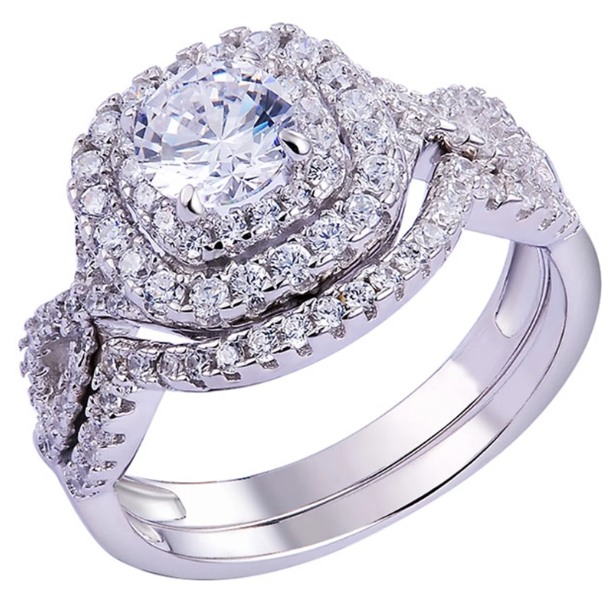 Newshe 1.8Ct Wedding Band Engagement Ring Set for Women Double Halo Bridal Rings Round CZ