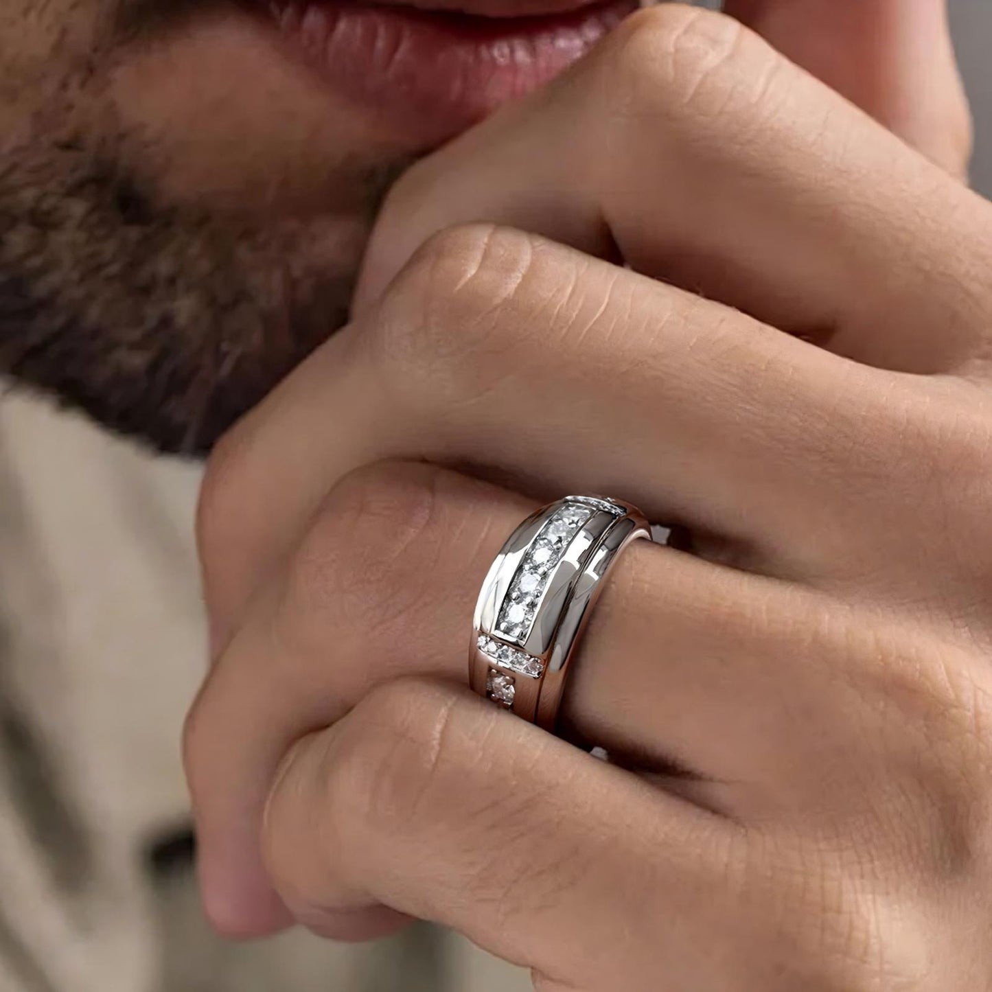 Heinlov Moissanite Mens Wedding Band D Color VVS1 925 Sterling Silver Ring Promise Rings For Him Round Cut Engagement Eternity
