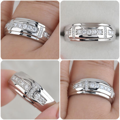 Heinlov Moissanite Mens Wedding Band D Color VVS1 925 Sterling Silver Ring Promise Rings For Him Round Cut Engagement Eternity