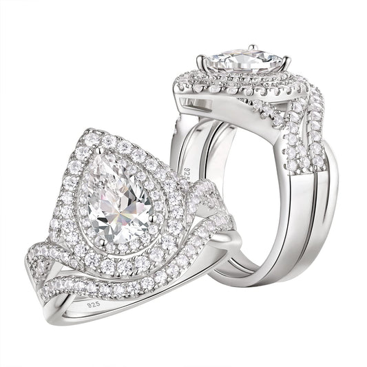 Newshe Wedding Rings for Women 925 Sterling Silver Engagement Band 2Ct Pear Shaped 5A Cz Bridal Set Size 5-10