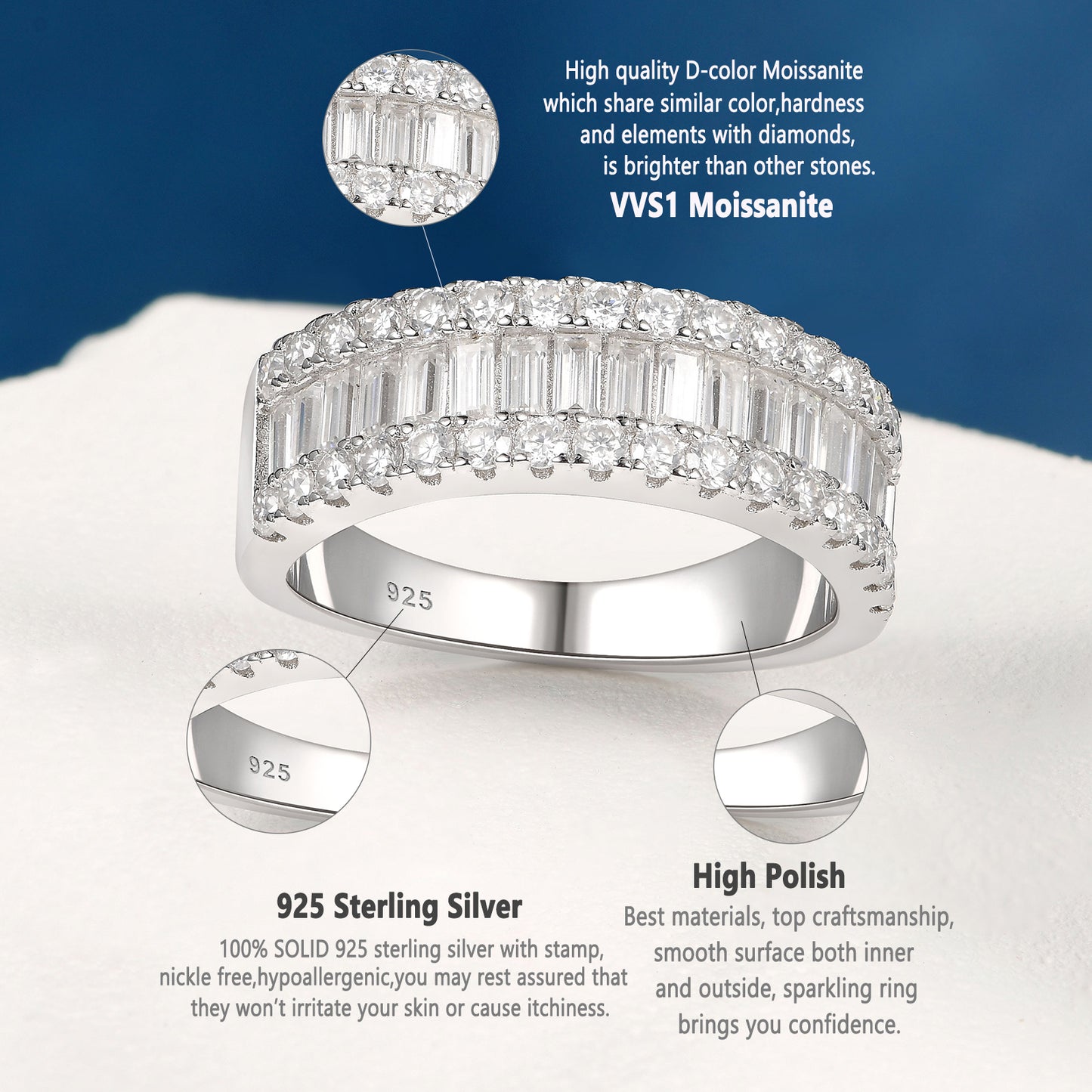 Newshe Jewellery Moissanite Wedding Bands for Women 925 Sterling Silver Eternity Rings Emerald Promise Engagement Size 5-10