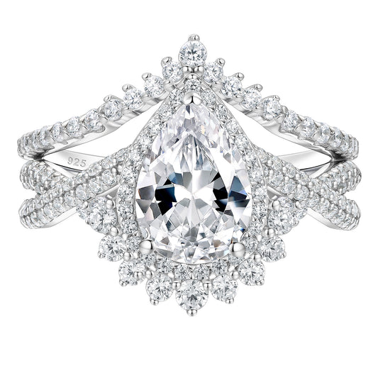 Newshe Jewellery Pear Cut Wedding Ring Set with Curved Band Wedding Rings for Women Sterling Silver AAAAA Cz Size 5-10