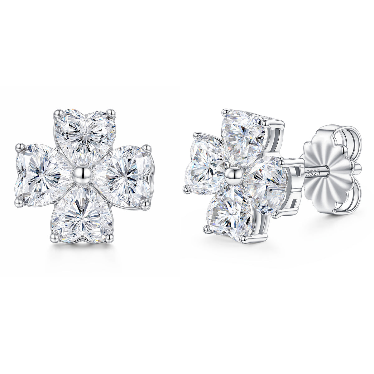 Newshe Jewellery 2.4Ct Moissanite Earrings for Women Sterling Silver Four Leaf Clover Stud Earrings Heart Prong