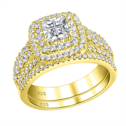 Newshe Jewellery Wedding Rings for Women Princess Engagement Ring Sets 925 Sterling Silver 1.7Ct Cross Yellow Gold Cz Size 5-10