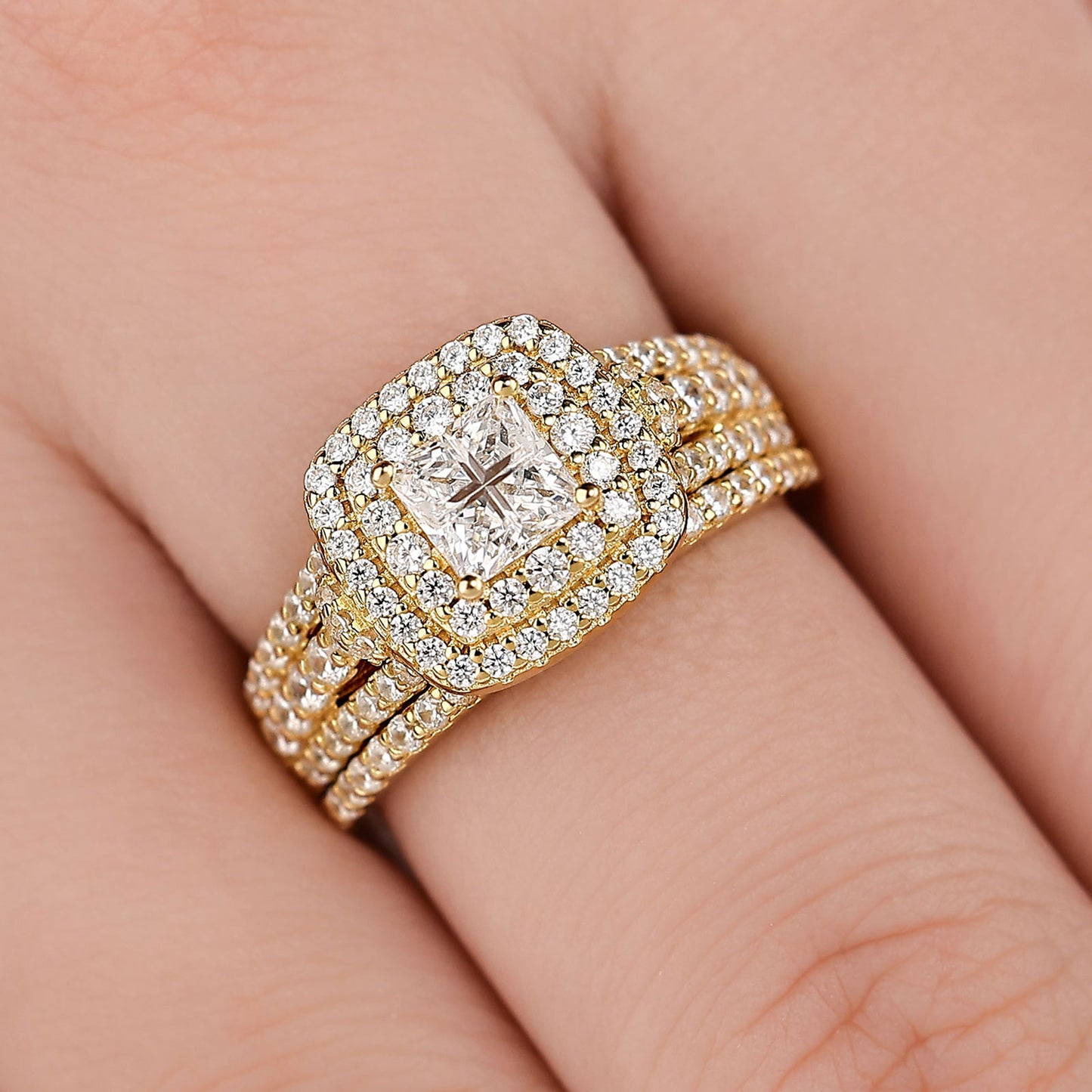 Newshe Jewellery Wedding Rings for Women Princess Engagement Ring Sets 925 Sterling Silver 1.7Ct Cross Yellow Gold Cz Size 5-10