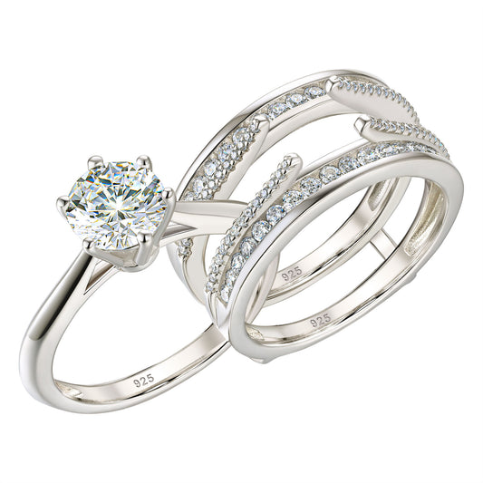 Newshe Jewellery Wedding Engagement Ring for Women 2CT AAAAA CZ Bridal Sets Wedding Band Ring Enhancer Round Cut 925 Sterling Silver Size 5-10