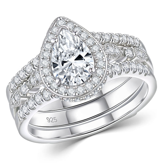 Newshe Jewellery Moissanite Wedding Rings for Women 925 Sterling Silver Pear Cut Engagement Ring Sets Teardrop Bridal Band Enhancer Size 5-10