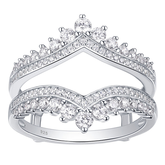 Newshe Cubic Zirconia Wedding Bands for Women Crown Double Ring Enhancer for Engagement Rings 925 Sterling Silver Size 5-10