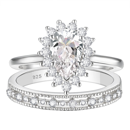 Newshe Jewellery Wedding Ring Set Wedding Band Engagement Ring Set for Women 925 Sterling Silver 2Ct Pear AAAAA Cz Size 5-10
