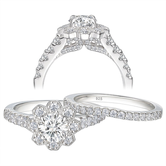 Newshe Engagement Wedding Rings for Women Flower Halo Ring Set 1.6 Ct 925 Sterling Silver 5A Cz Size 5-10