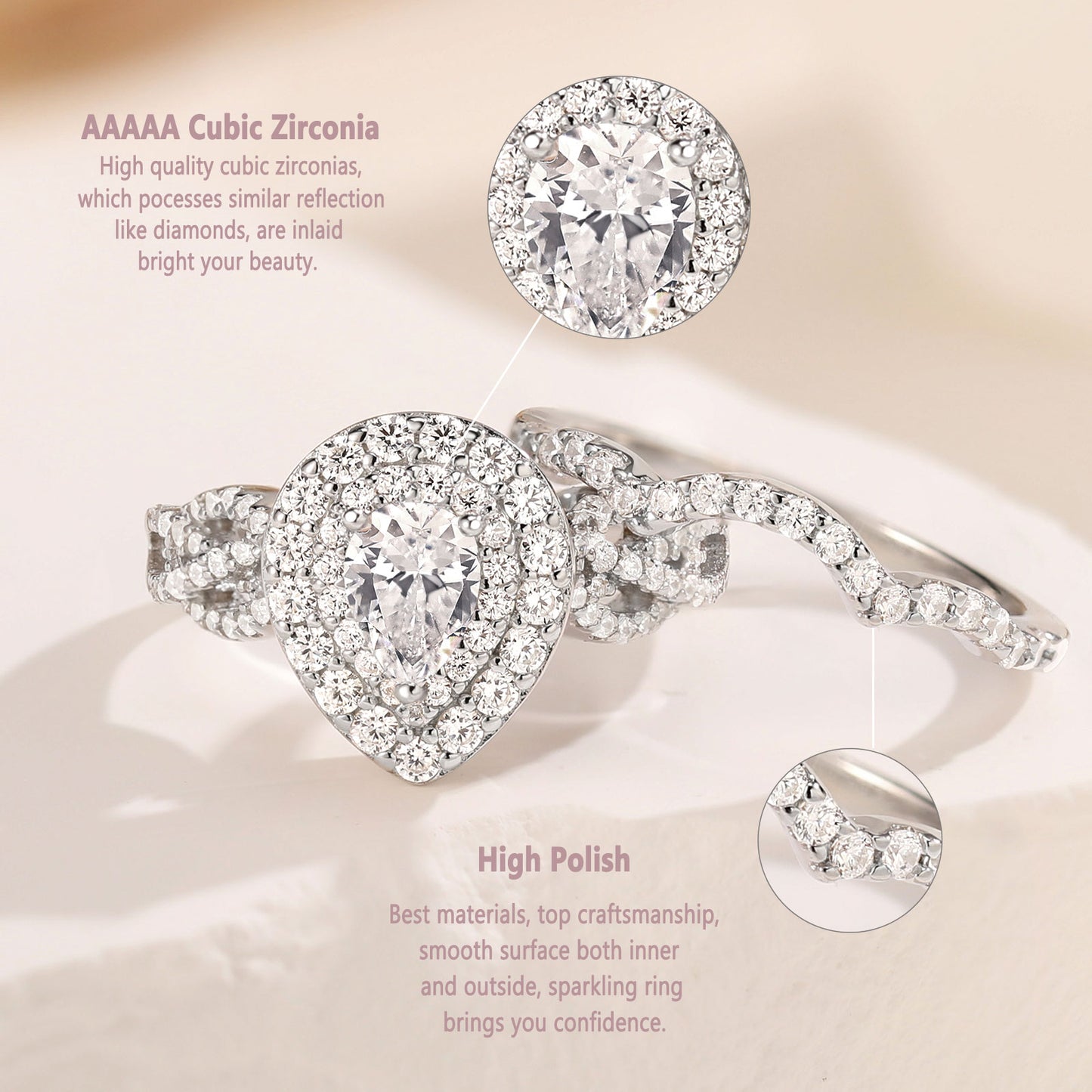 Newshe Jewellery Wedding Rings for Women AAAAA Cz 925 Sterling Silver Promise Rings for Her Pear Bridal Set