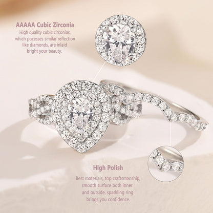 Newshe Jewellery Wedding Rings for Women AAAAA Cz 925 Sterling Silver Promise Rings for Her Pear Bridal Set