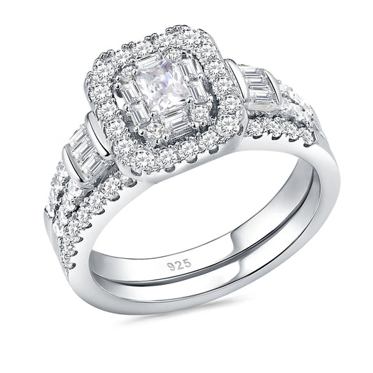 Newshe Jewellery AAAAA Cz Wedding Sets for Women 925 Sterling Silver Vintage Radiant Bridal Engagement Band Ring Size 5-10