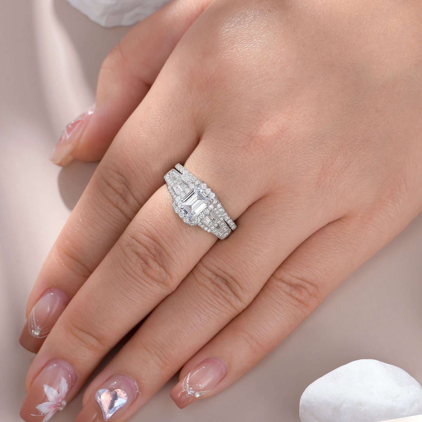 Newshe Jewellery Wedding Rings for Her AAAAA Cz Women's Bridal Sets 925 Sterling Silver Emerald Cut Engagement Ring