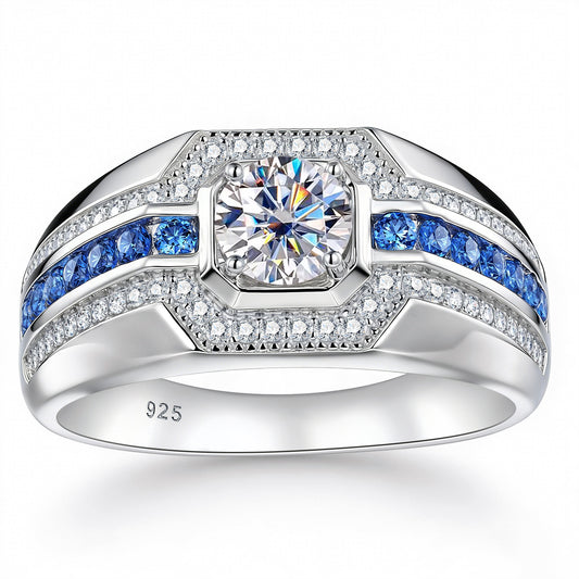 Newshe Jewellery D Color VVS1 Moissanite Men Rings 925 Sterling Silver Wedding Bands for Man Round Blue Sapphire Size 8-13