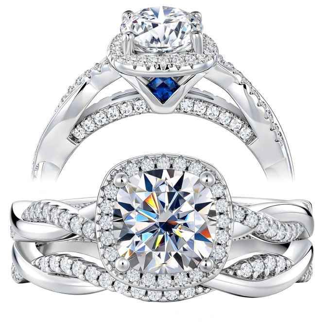 Newshe Jewellery 2.5 Carat Moissanite Wedding Ring Sets Twisted Band Cushion Round Infinity Bridal Rings for Women