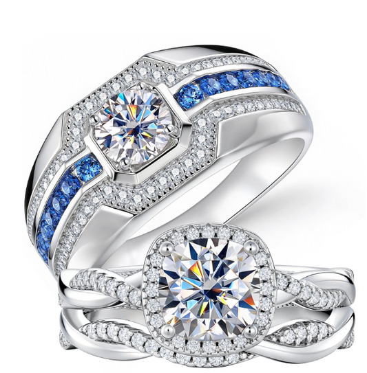 Newshe Moissanite Wedding Ring Sets for His and Her Blue Sapphire Twisted Band Cushion Round Couple Rings