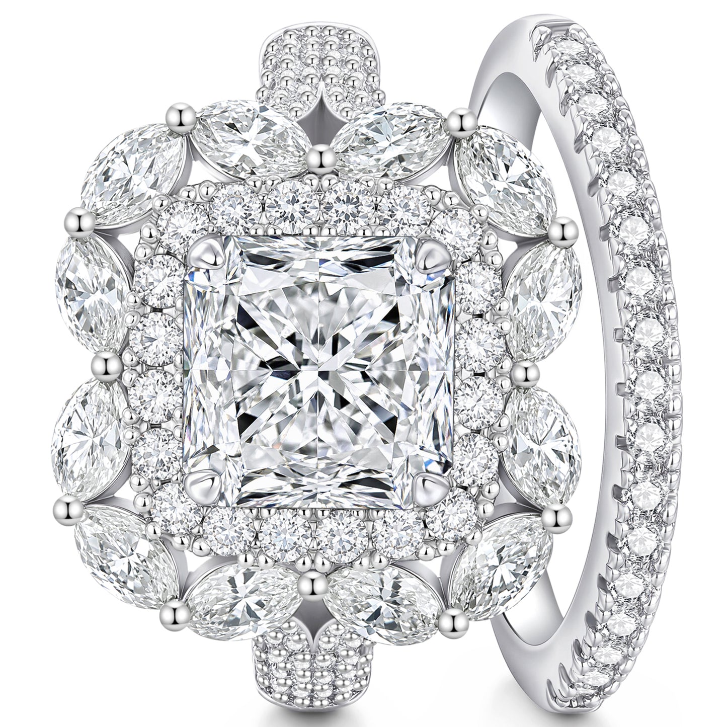 Newshe Jewellery 6 Ct Double Halo Princess Marquise Moissanite Wedding Engagement Rings Set for Women