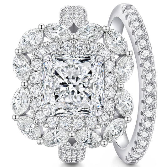 Newshe Jewellery 6 Ct Double Halo Princess Marquise Moissanite Wedding Engagement Rings Set for Women