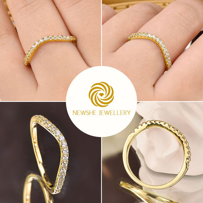 Newshe Curved Wedding Bands for Women Stacking Sterling Silver Eternity Rings Cz Wishbone Yellow Gold Size 5-10