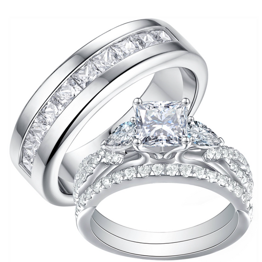 Newshe Moissanite Wedding Rings Set for His and Her Princess Cut Couple Rings D Color Wedding Men Bands
