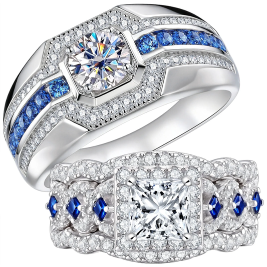 Newshe Moissanite Wedding Rings Set for His and Hers Blue Couple Rings 18K White Gold Plated for Women and Mens Size 7&9