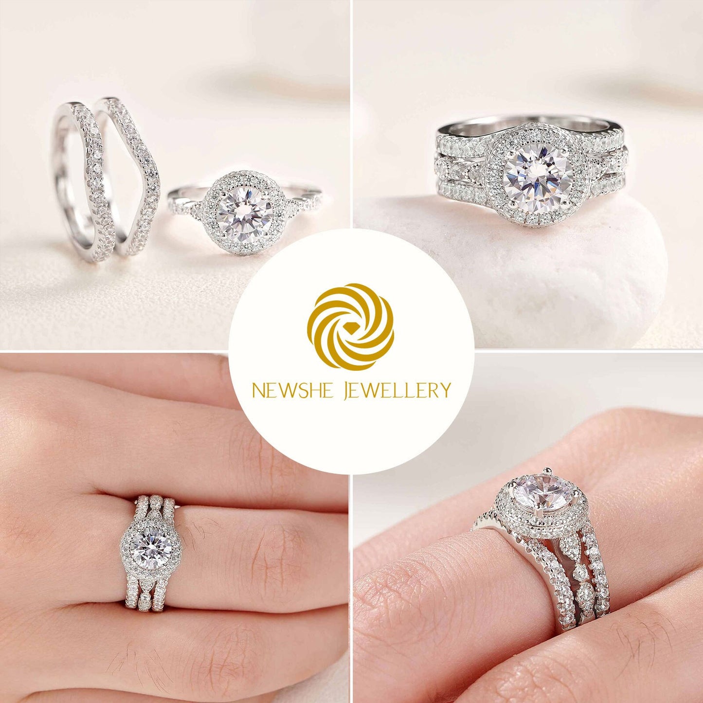 Newshe Genuine 925 Sterling Silver Heart Rings for Women AAAAA Cubic Zircon Wedding Engagement Bridal Set Jewelry Size 5-10