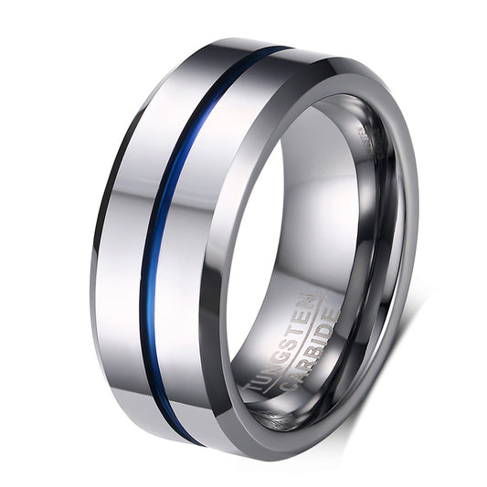 Newshe Jewellery Tungsten Rings for Men Mens Wedding Bands for Him Groove Ring Carbide Blue Line 8mm Engagement Promise
